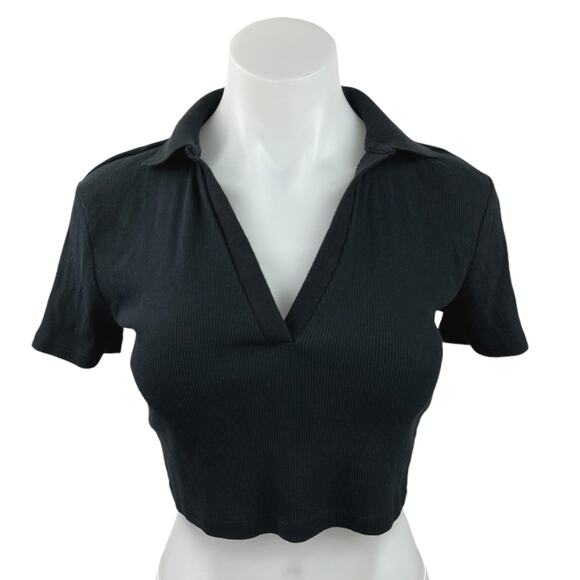Zara Black V-Neck Collar Ribbed Knit Short Sleeve Polo Shirt Crop Top Size M - Picture 1 of 4
